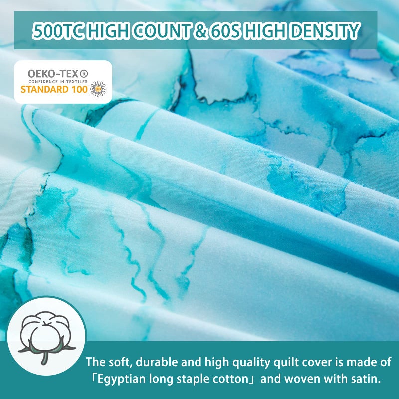 MILDLY 100% Long-Staple Cotton Duvet Cover Set Aqua Watercolor Marble Pattern Printed Comforter Cover 3pcs, Ultra Soft & Breathable Bedding Set - Image 3